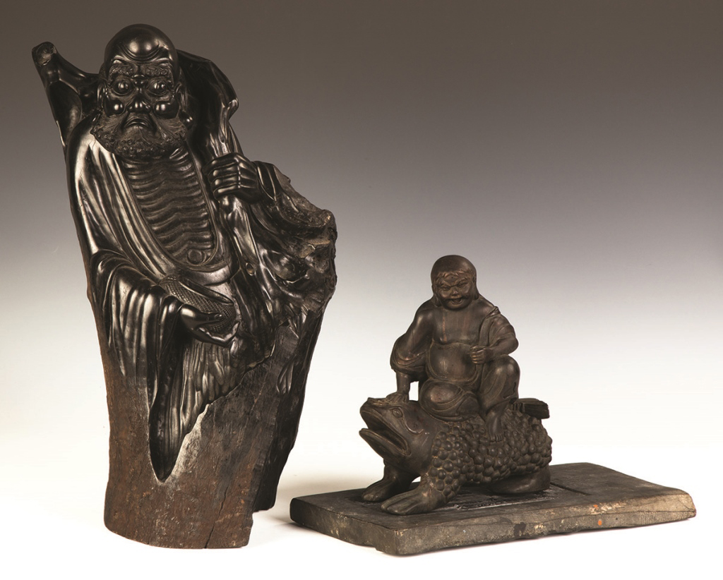 Chinese Carved Hardwood Figures. Chinese Carved Hardwood Figures. R - Figure on creature, ink