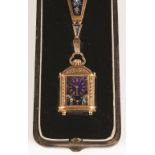 Fine French Enameled and Gold Pendant Watch. Fine French Enameled and Gold Pendant Watch. L 5". An