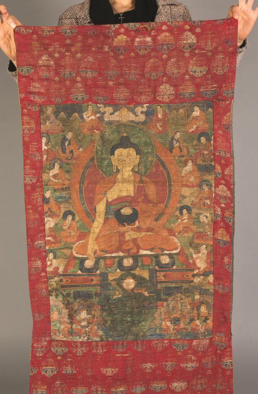 Tibetan Thangka. Tibetan Thangka. Image: 25" x 18". Wear with some tears and loss.