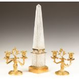 French Gilt Bronze Candelabras and Probably French Baccarat Cut Crystal and Gilt Bronze Obelisk.