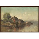 Lake Scene and Houses with Arts and Crafts Frame.Illegible signature, lower left. Oil on board.No