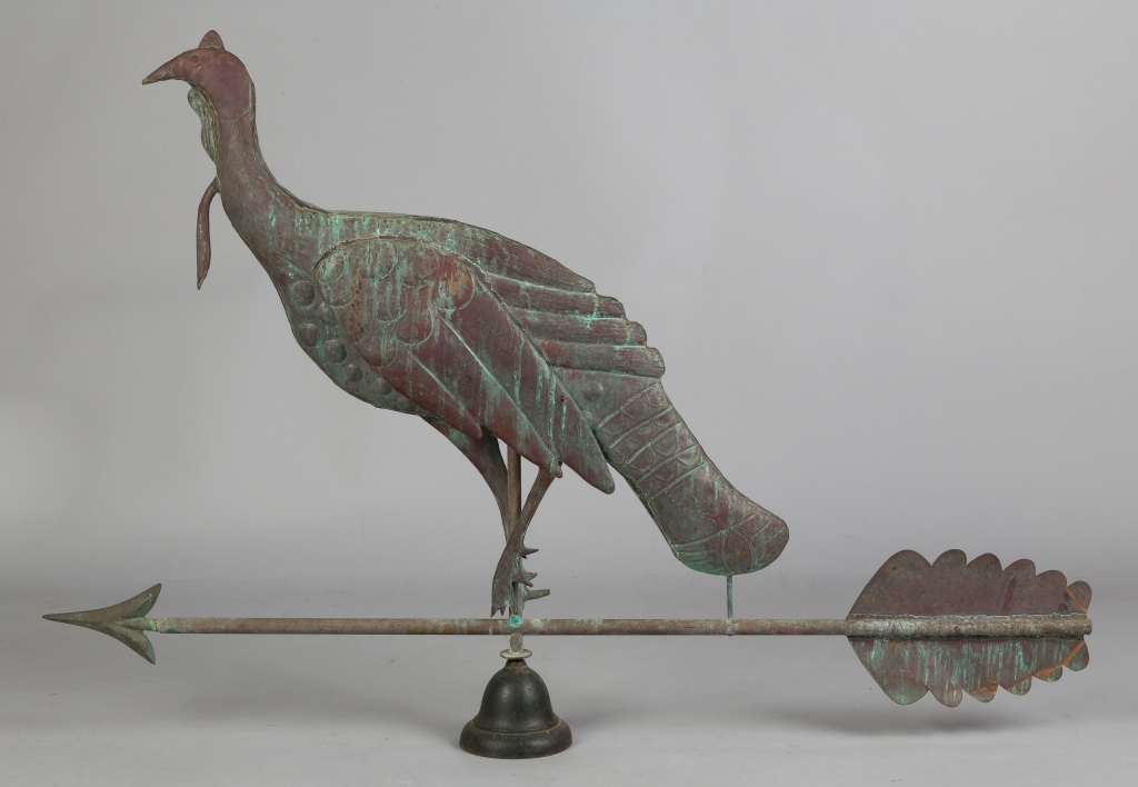 Copper Turkey Weathervane.Mid 20th century. Hollow body.Ht. 33" W 48".Online bidding available: