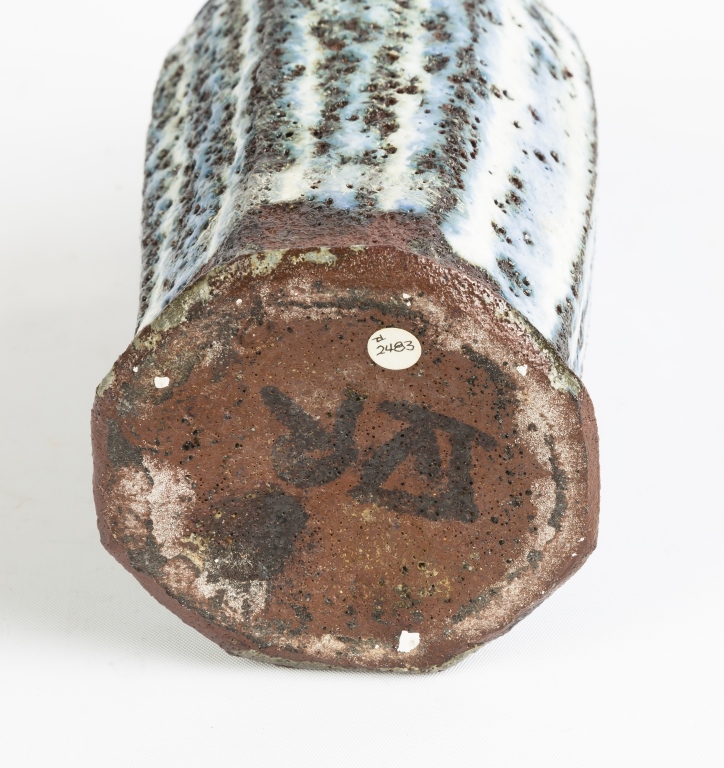 Ulla Hansen (Denmark, B. 1953) Clay Bottle, Faceted, Blue And White Stripes.c. 1994.Ht. 7 1/2".Anita - Image 2 of 2