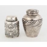 Whiting and Gorham Sterling Silver Tea Caddies.Gorham one is monogrammed. 9.5 ozt.Max. Ht. 4 1/2"