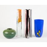 Four Contemporary Glass Vases.Alan Goldfarb; Green & blue bowl; Steuben Museum, Corning, NY.Max. Ht.