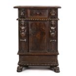 Italian Walnut Side Cabinet with Drawer.17th century. Carved lion head figures and claw feet.Old