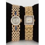 Two 14K Gold Watches.L: Croton Quartz Ladies 14k gold watch; 24 single cut diamonds; L 5 3/4"; 27.