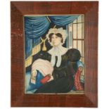 Watercolor of a Young Lady.Early 19th century. Seated in a federal sofa with drapery, holding a