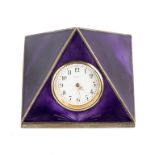 German Silver and Enameled Clock.Pyramid shape, amethyst color. Enameled dial with gold hands.Ht.