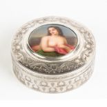 French Silver Box with Porcelain Center.19th century. 14 ozt.D 5 1/2" Ht. 2 1/4".Online