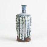 Ulla Hansen (Denmark, B. 1953) Clay Bottle, Faceted, Blue And White Stripes.c. 1994.Ht. 7 1/2".Anita
