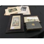 A folio of woodcuts by various artists together with two framed and glazed pictures and two