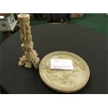 A small (reproduction). Ivory look possibly resin. Chinese style glass topped table.