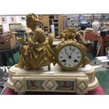 A 19th century Ormolu French mantle clock with alabaster base, with hand painted Sevres style panels