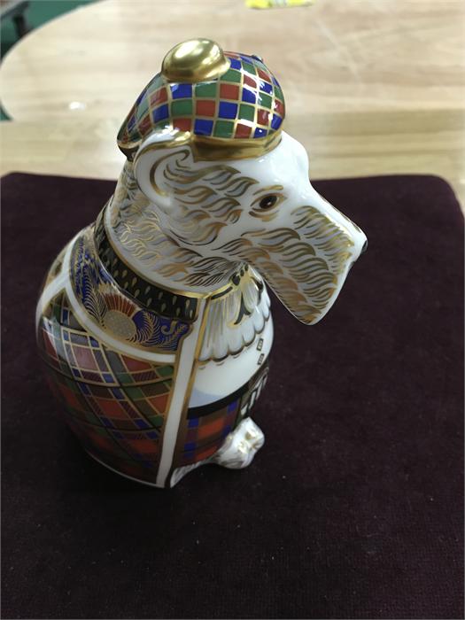 Royal Crown Derby National dog - Scottish dog in the Sinclair tartan.