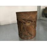 A 1920's Bamboo Brush Pot depicting an old Sage in a wooden hut with attendant scholars reading a