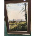 An Oil on canvas: Country scene including horses in a field and church in the background. Signed