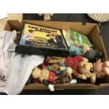 A box containing mixed collectables including vintage foam toys, jigsaw puzzles, books, camera etc.