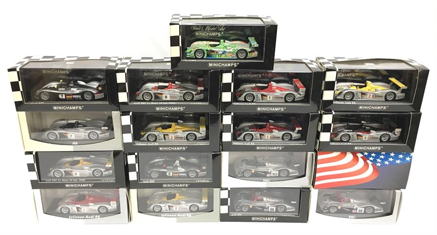 17 x Minichamps Audi R8 racing car models: #430 000977; #400 021392; #400 010938; #430 990907; #