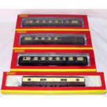 HORNBY 3 x Pullman Cars with Lights and a Cream and Brown Utility Van Nos R4424/25 and 78 and Van No