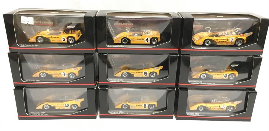 Nine Minichamps 1/43 scale McLaren Collection models: #530 714305 M8F; #530 704307 M8D; #530