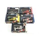 Five Mattel Hot Wheels Racing 1/43 scale cars: #24624 Stewart SF3, Johnny Herbert; #24625 Williams