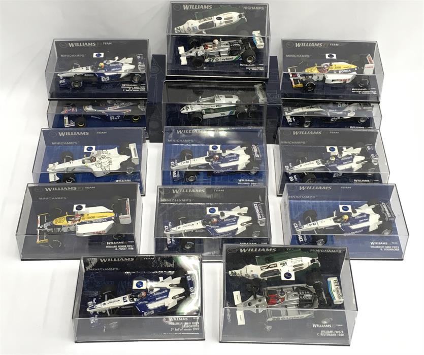 14 x Minichamps Williams F1 Team racing cars: #400 010006; #400 020006; #400 860005; #400 020099; #