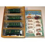 ETS O Gauge Wooden Box containing 3 x CSD Green 4 wheel Coaches and a Closed Van. All Near Mint