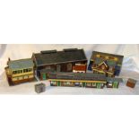 2 tray of mostly Scenic items including an expertly made Superquick Engine Shed, Signal Box,