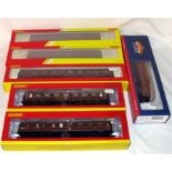 HORNBY, HORNBY Railroad and Bachmann - 5 x LMS Maroon Coaches and a 50' Parcels Van - Hornby Nos