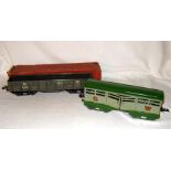 HORNBY 0 Gauge 2 x No 2 Goods Wagons - GW Grey and Green Cattle Truck with Gold Lettering (missing a