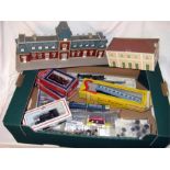 A tray containing HO Buildings, Locomotives and Wagons including a Kit Built Continental Station and