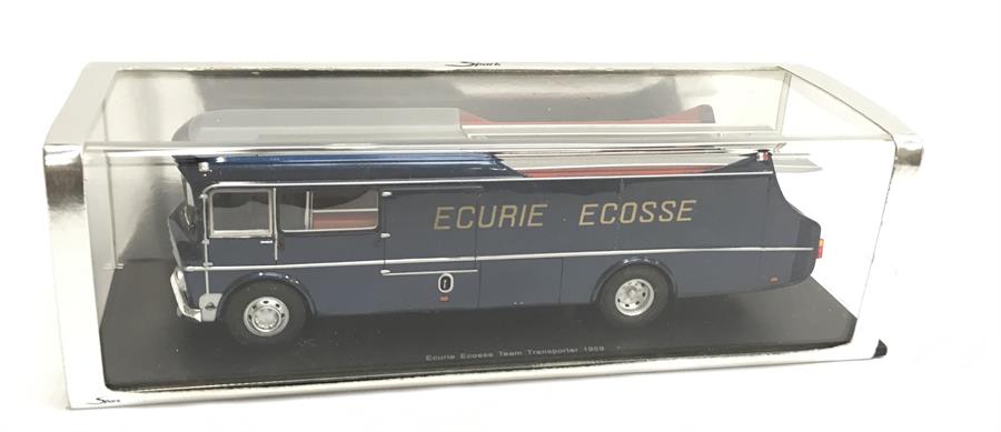 Spark Minimax S0285 Ecurie Ecosse Racing Car Transporter 1959 in blue, with silver and gold trim.