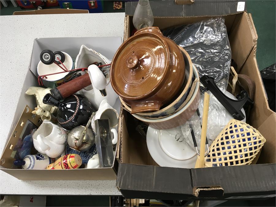 Two boxes of china and kitchenalia.