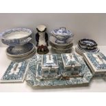 Various china to include blue and white plates, a jug and Alexandria platter and terrines.