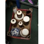 Various pictures together with a box containing the residue of a Poole pottery service.