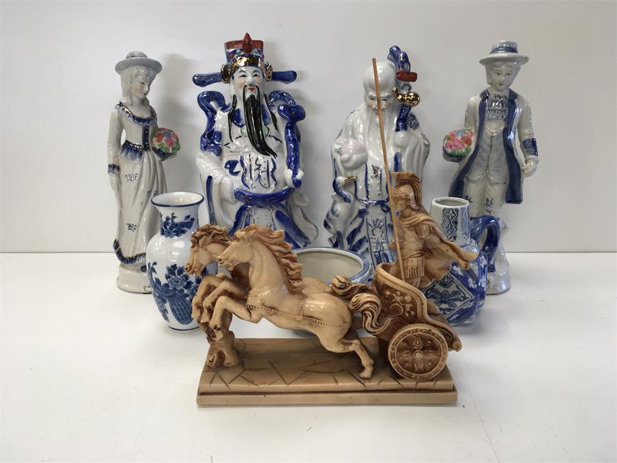Various blue and white ornaments to include oriental and others.