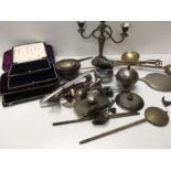 Various silver plate and brass items together with empty boxes.