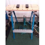 A TUV folding work bench with a pillar drill stand.