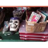 A quantity of Halloween items, Christmas decorations, wrapping paper and three bauble storage boxes.