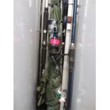 Fishing rods and reels,rod rest and umbrella.