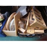 A box containing wooden kitchenware to include tea and coffee canisters, a bread bin, cheese