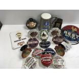 Pub related items to include pump heads and clips depicting Whitbread Tankard, Badger Brewery etc