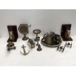 Brass items to include bookends, a canon together with various silver plate items.