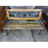 A children's cast iron zoo themed garden bench.