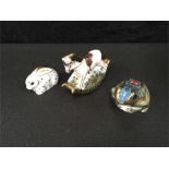 Royal Crown Derby paperweights: A Fountain Frog, boxed, Baby Rabbit, boxed and a Rocking Horse (