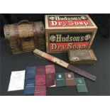 Mixed collectables to include Hudsons Dry Soap Box, cigar box, glove box vintage driving licences