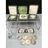 Royal mint boxed silver coins and others, a stamp and a George Formby laughter certificate.