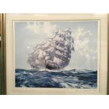 A print of a watercolour "Ship on Rough Seas" (Montague Dawson).