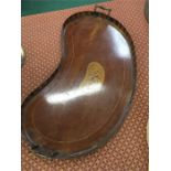 A 19th century mahogany kidney shaped tray with galleried edge inlaid with boxwood having twin brass